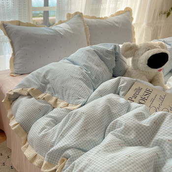 Class a Ins Plaid Lace Bedding Four-Piece Set Pure Cotton Wrinkled Gauze Bed Bed Sheets Quilt Cover Dormitory Three-Piece Set