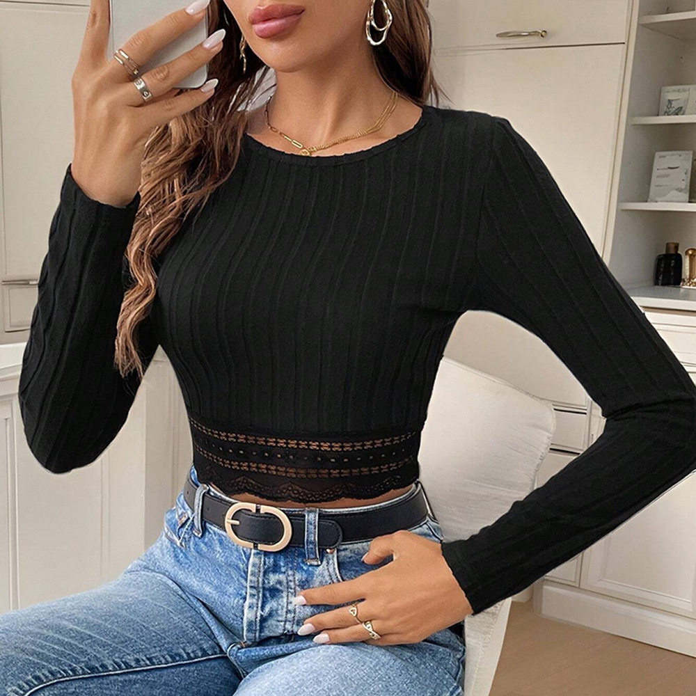 Womens Lace Trim Long Sleeve T Shirt Slim Fit Versatile Style Spring Summer Essential Wholesale Available