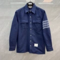 Navy blue flannel yarn-dyed four-bar brushed double-pocket long-sleeved shirt