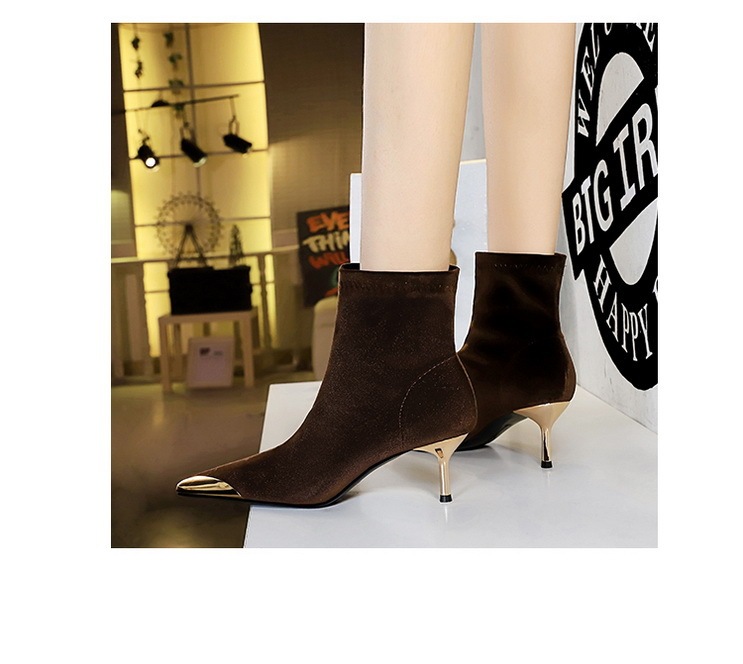 Boot nữ cổ thấp mũi nhọn nhung nhung gót vừa phong cách thanh lịch — 319-10 đen 8cm, 319-A10 đen 5cm, 319-A10 Màu nâu sẫm 5cm, Màu nâu sẫm 319-10 8cm
