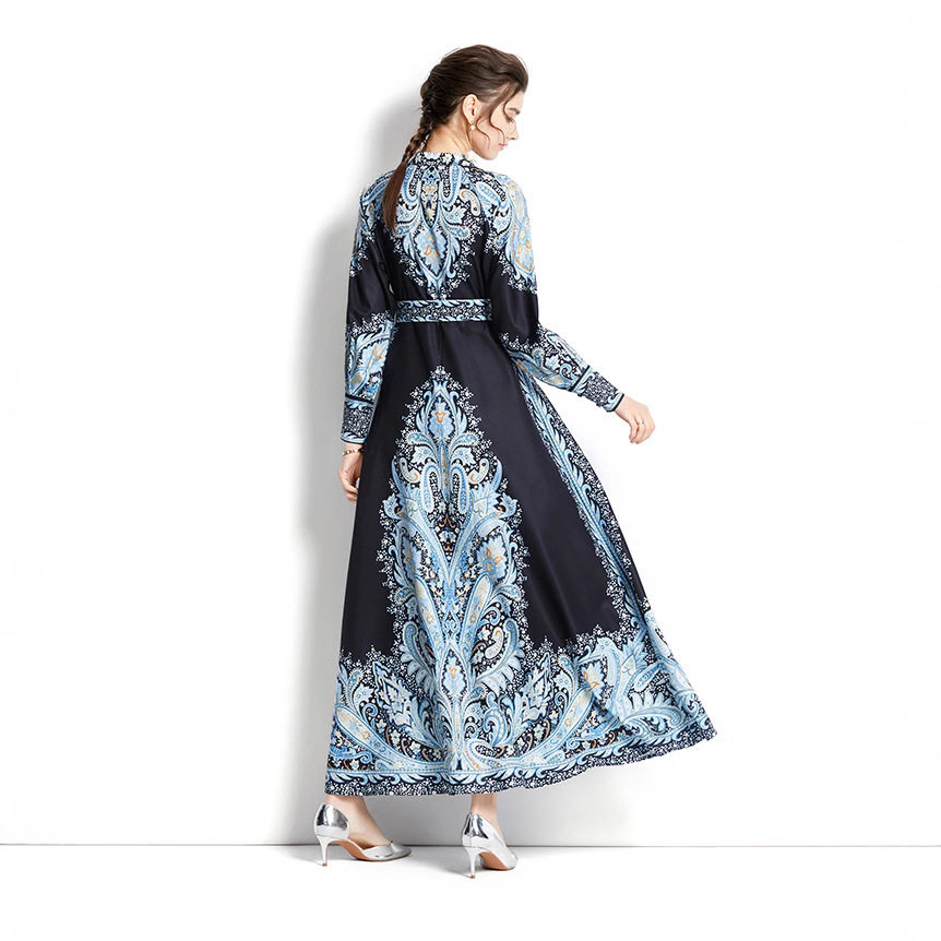 Vintage Floral Print A Line Dress for Women Lantern Sleeves Lapel Collar Knee Length Button Closure Autumn and