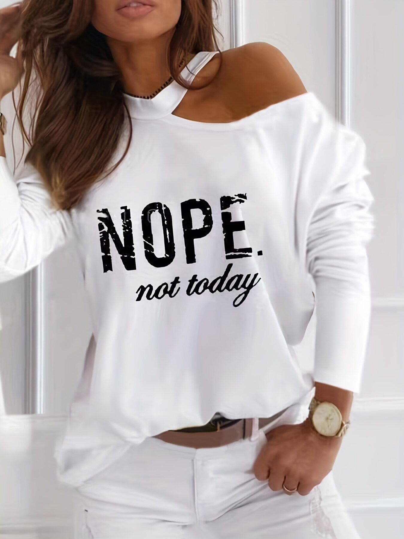 Womens Long Sleeve T Shirt Solid Color Asymmetrical Neckline Letter Print Autumn Winter Fashion Top Wholesale