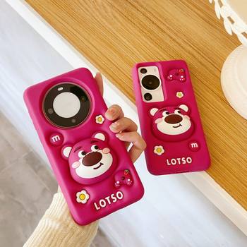 Three-dimensional Silicone Stand Strawberry Bear Mobile Phone Case for Huawei Mate 60 Glory 100 Large Hole Cartoon Protective Case