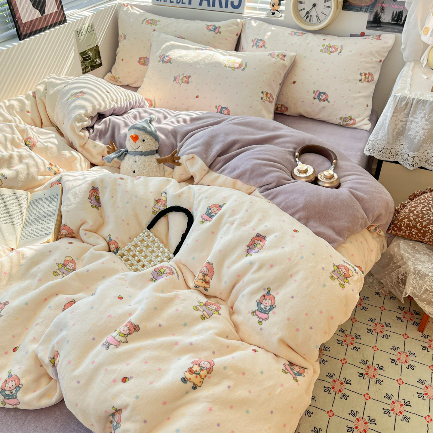 Ins-Style Fresh Winter Printed Milk Velvet Four-Piece Set, Thickened Coral Velvet Student Dormitory Style Bed Sheet Three-Piece Set