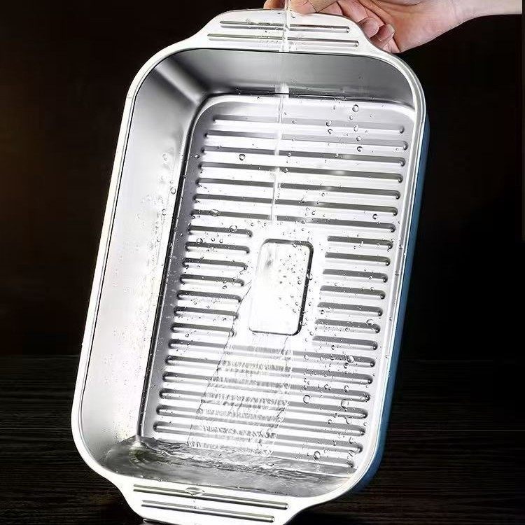 Stainless Steel Baked Fish Plate with Lid Rectangular Household Korean-style Square Plate Cake Plate Deepened Binaural Fish Plate Crayfish Plate