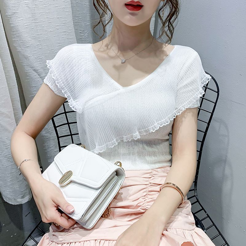 Summer Womens Sheer Knit Top Ruffle Hem V Neck Lightweight Ice Silk Casual Wear Stylish Design OEM Available