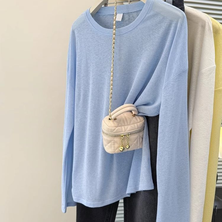 Lightweight Blue Ice Silk Knit Long Sleeve Sun Protection Top Loose Fit Slimming Design Summer Essential Wholesale