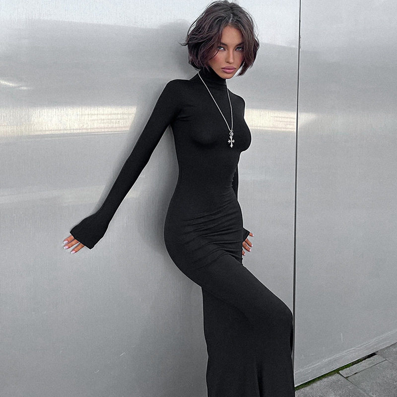 High Neck Long Sleeve Bodycon Dress Elegant Solid Color High Waist Slim Fit Perfect for Autumn and Winter Occasions