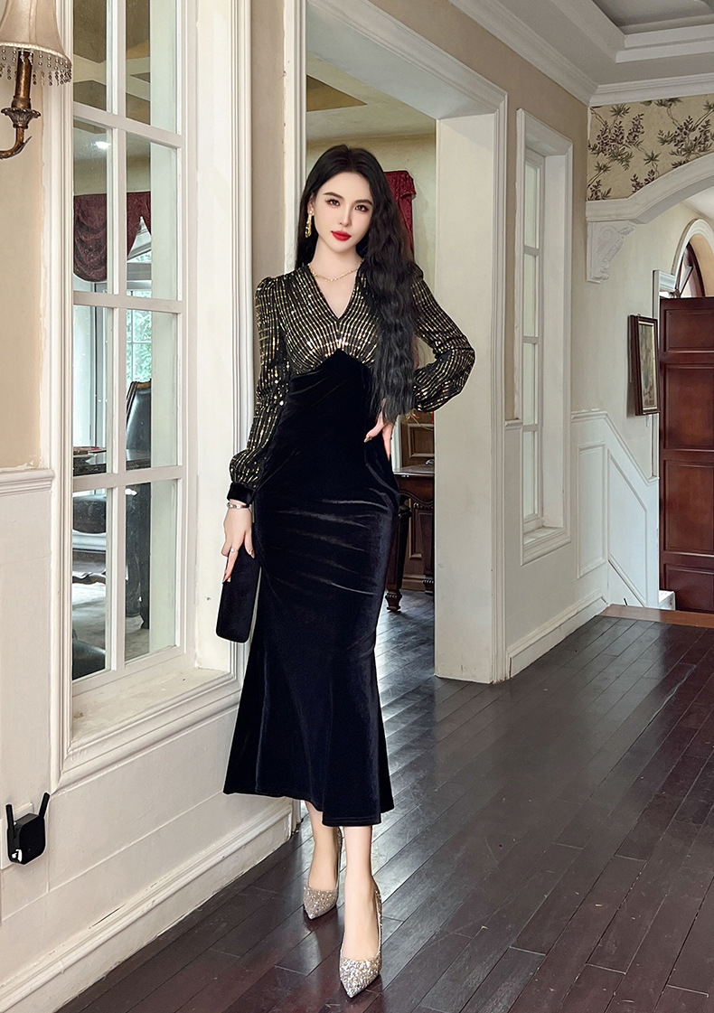 Đầm dài nhung phối sequin cổ chữ V dáng đuôi cá nữ — Xanh đá quý, Màu đen, Đỏ gỉ sắt