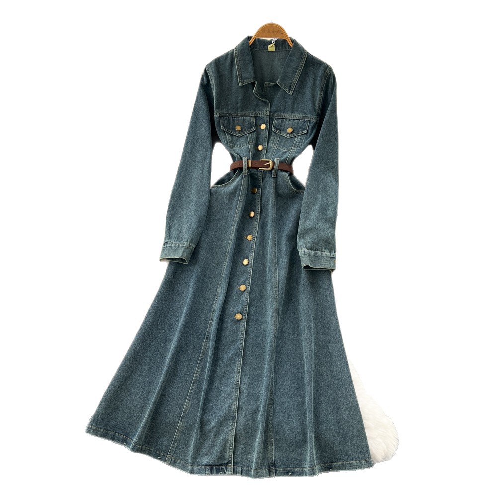 Vintage Inspired Denim Dress Long Sleeve Metal Button Waist Tie Elegant Fit Perfect for Casual Outings Wholesale