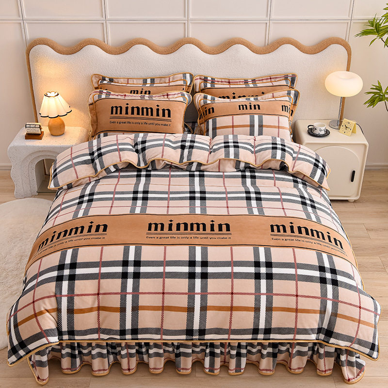 Class a Thickeneded Milk Velvet Four-Piece Autumn and Winter Cartoon Bed Skirt Quilt Cover Double-Sided Coral Velvet Bed Three-Piece Quilt Cover
