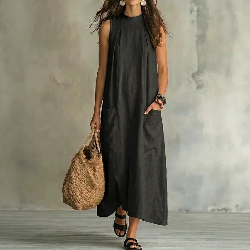 Elegant Sleeveless Round Neck Dress Solid Color Pocket Design Lightweight Fabric Spring Summer Fashion Wholesale