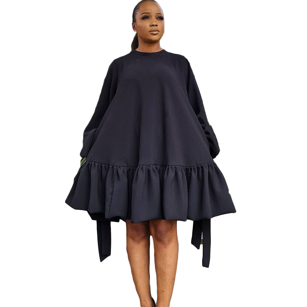Loose Fit Solid Color Puff Sleeve Dress Plus Size Autumn Style Comfortable Fabric Wholesale Availability