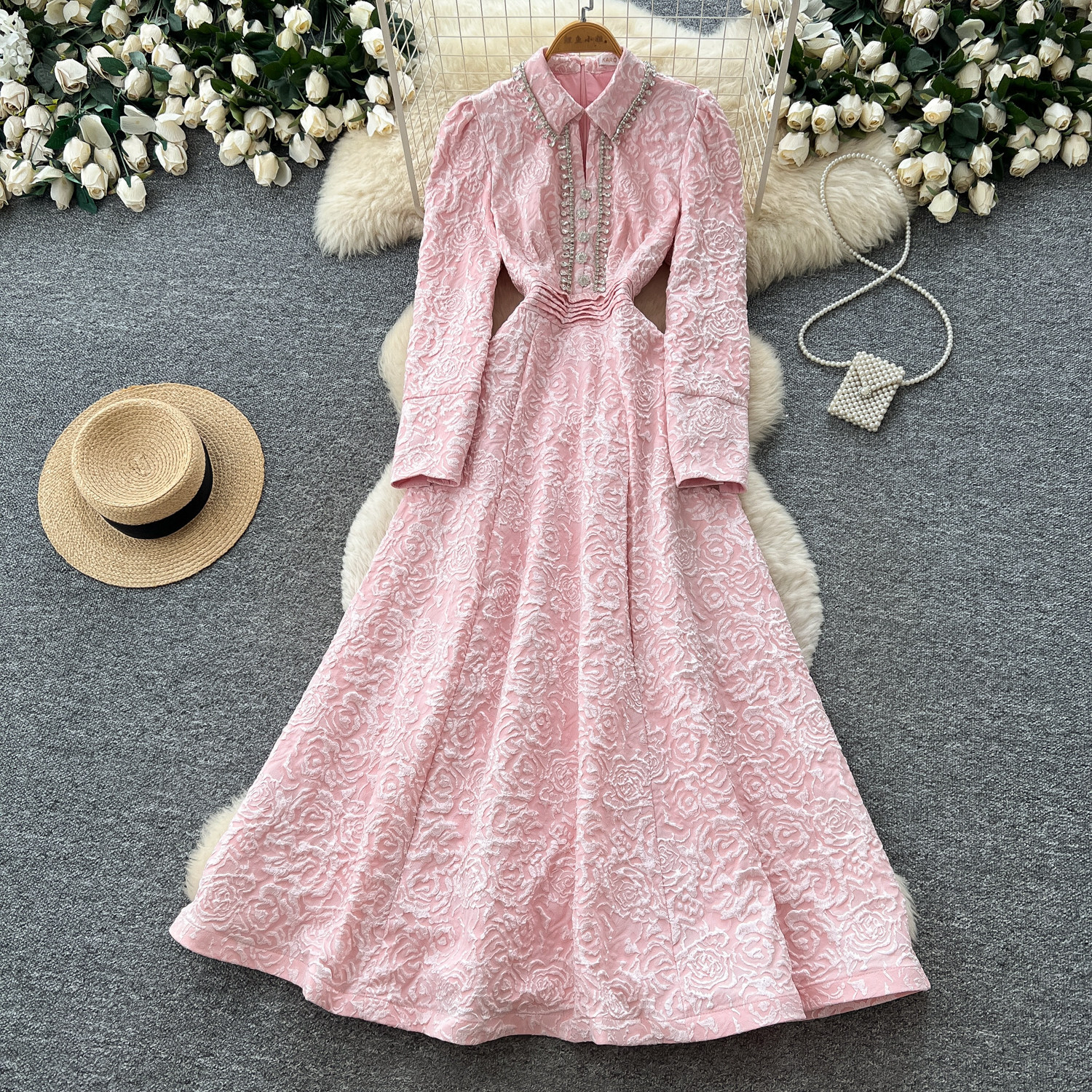 French Lace Long Sleeve Dress for Women Fitted Waist A Line Silhouette Elegant Evening Gown Autumn Collection