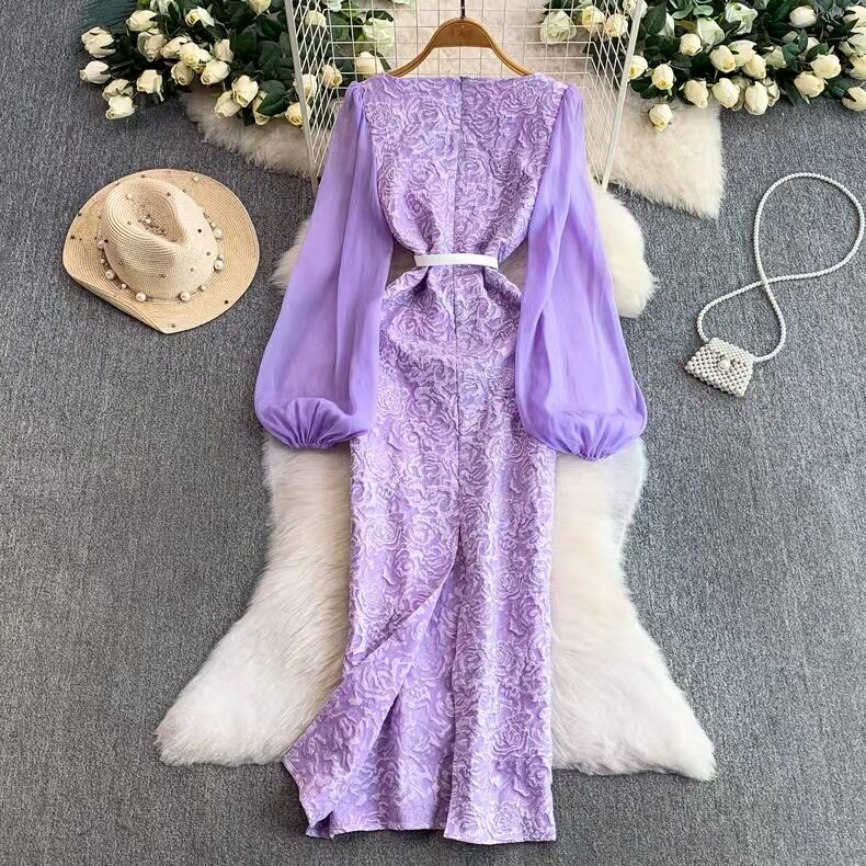 Elegant Purple Lace Dress with Puff Sleeves Rhinestone Detail Slim Fit Midi Length Perfect for Formal Occasions