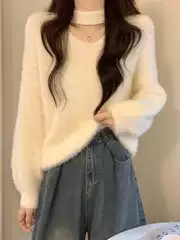 Women's Off-Shoulder Mohair Sweater Winter V-Neck Knit Top Soft Fuzzy Casual Pullover
