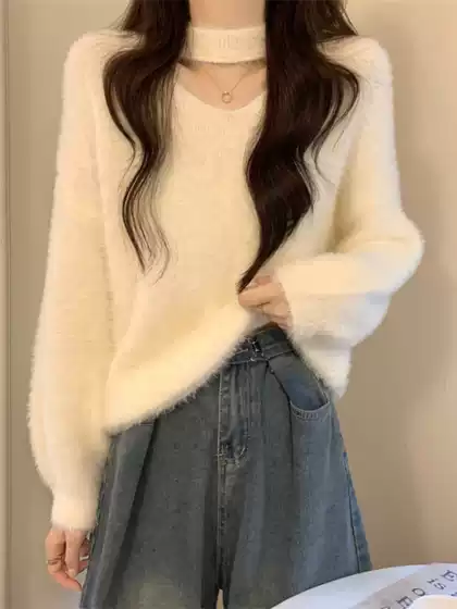 Women's Off-Shoulder Mohair Sweater Winter V-Neck Knit Top Soft Fuzzy Casual Pullover