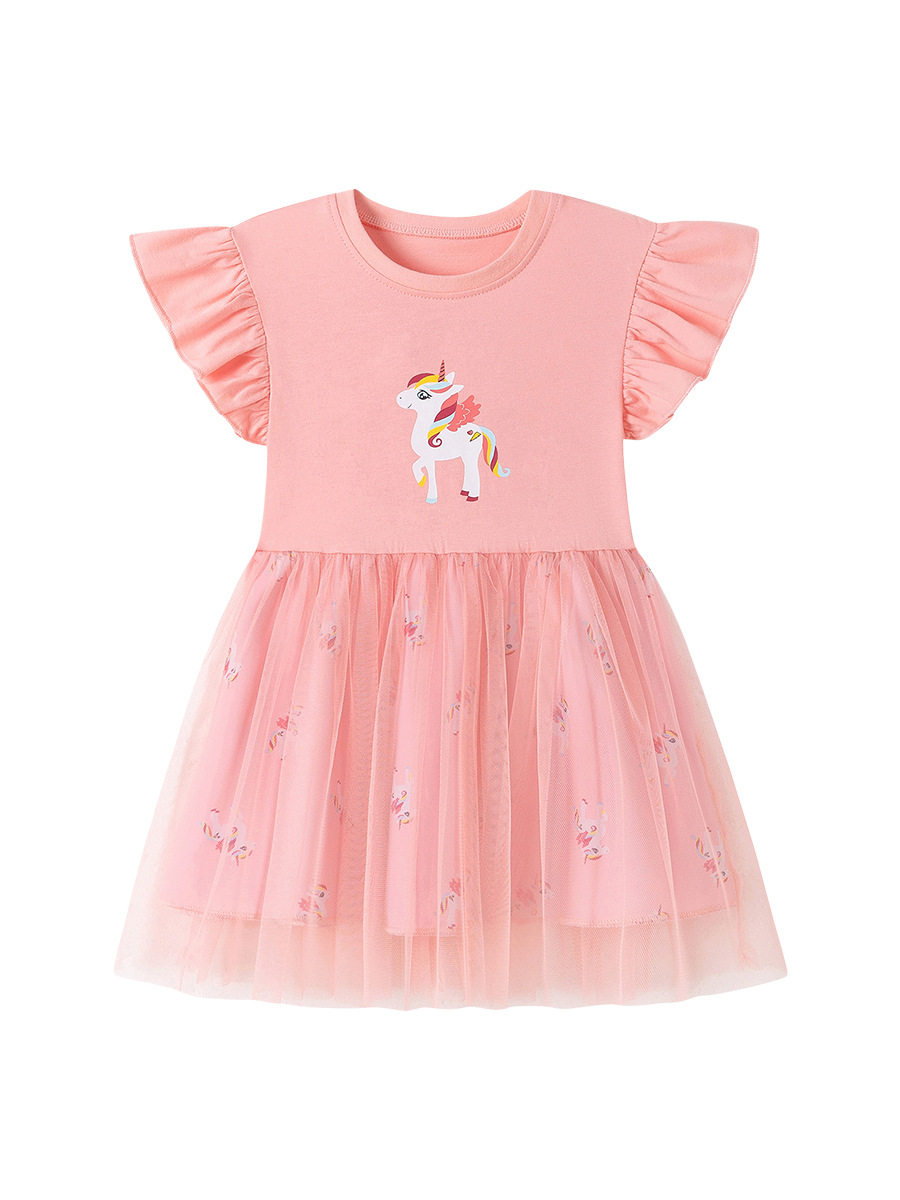 Girls' Summer Short-Sleeve Mesh Dress, Cute Cartoon Princess Dress