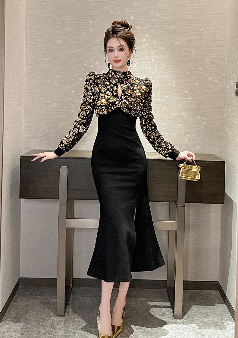 Đầm dài nữ màu đen thắt eo xẻ tà đính sequin dự tiệc — Màu đen
