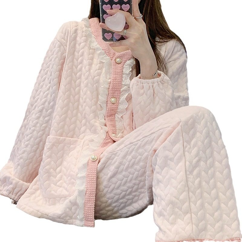 Autumn and Winter Lunch Clothing Thickened Sandwich Air Cotton Lace Long Sleeve Trousers Postpartum Nursing Pregnant Women's Pajamas Women's Suit