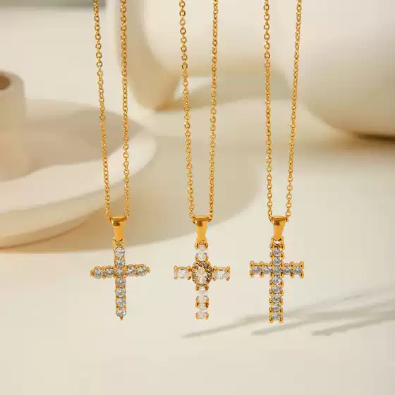 European and American Stainless Steel Cross Pendant Necklace Ins Style Light Luxury High-end Sense Inlaid Zircon Titanium Steel Neck Chain Necklace