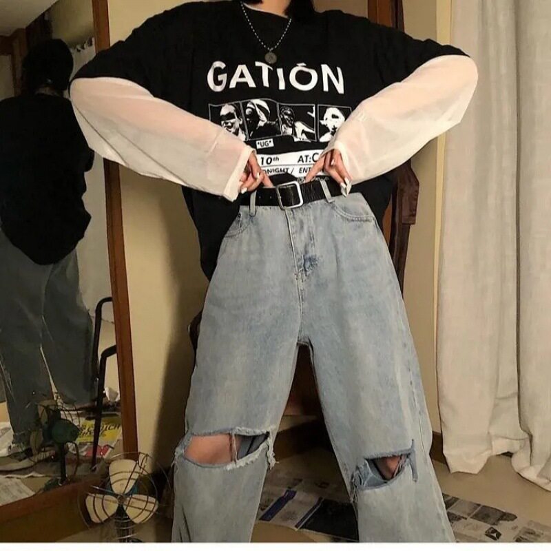 Plus Size Ripped Wide Leg Jeans for Women High Waist Loose Fit Flattering Design Spring Summer Casual Wear