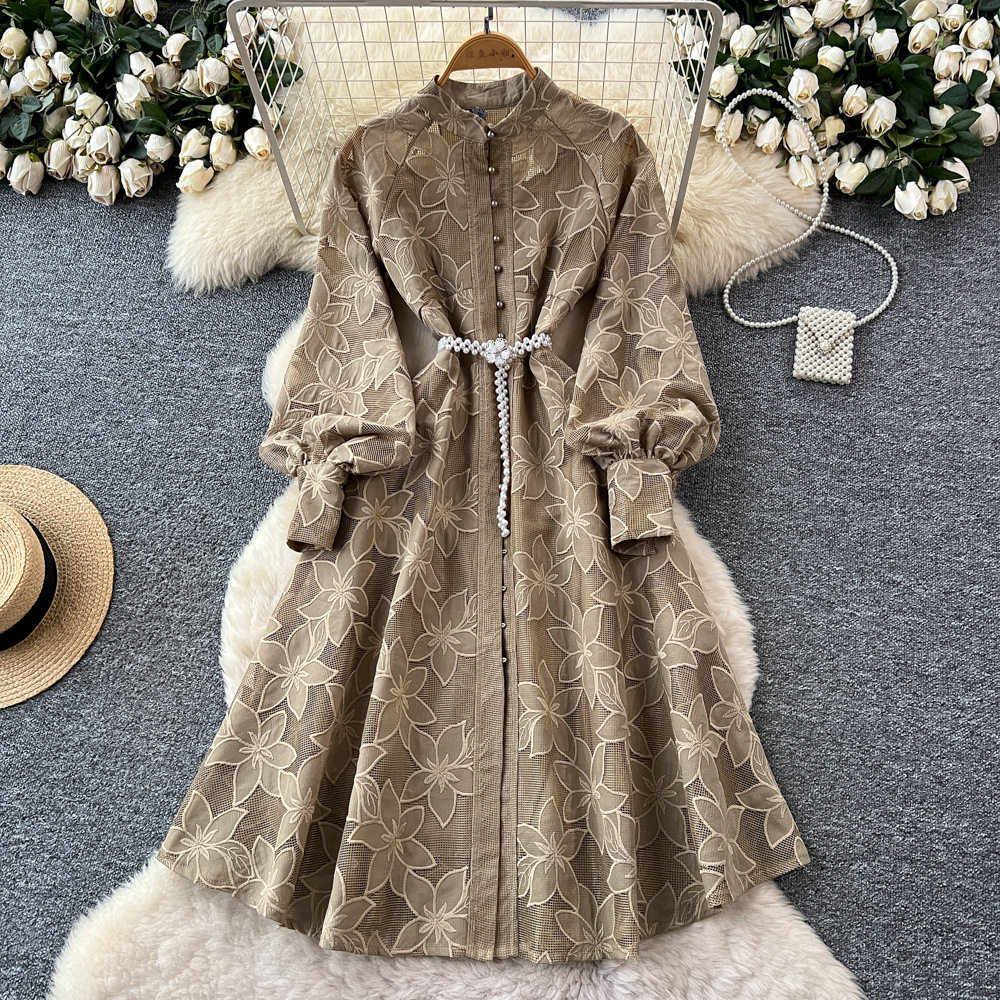 French Vintage Court Style Embroidered A Line Dress Hollow Out Lantern Sleeves Waist Tie Round Neck Elegant Evening