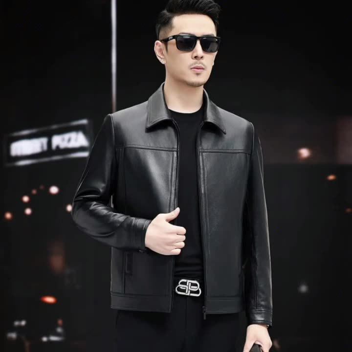 Áo Khoác Da Nam Da Bò Cổ Bẻ Ngắn Tay Dài Cao Cấp Màu Đen