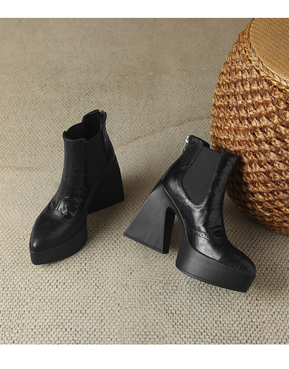 Boot nữ cổ thấp gót thô mũi nhọn phong cách Chelsea — Màu đen lót một lớp, Màu đen lót nhung, Màu nâu lót một lớp, Màu nâu lót nhung