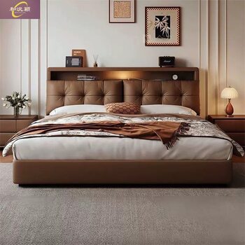 Multifunctional Leather Bed Italian Soft-Packed Double Bed Modern Simple Master Bedroom Large Bed Wedding Bed Rental Room Storage Bed