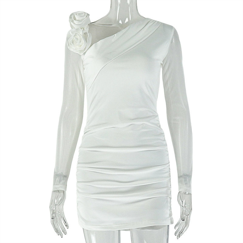 Sheer Mesh Bodycon Dress Solid Color Asymmetrical Neckline Long Sleeve Floral Design Evening Wear Party Dress