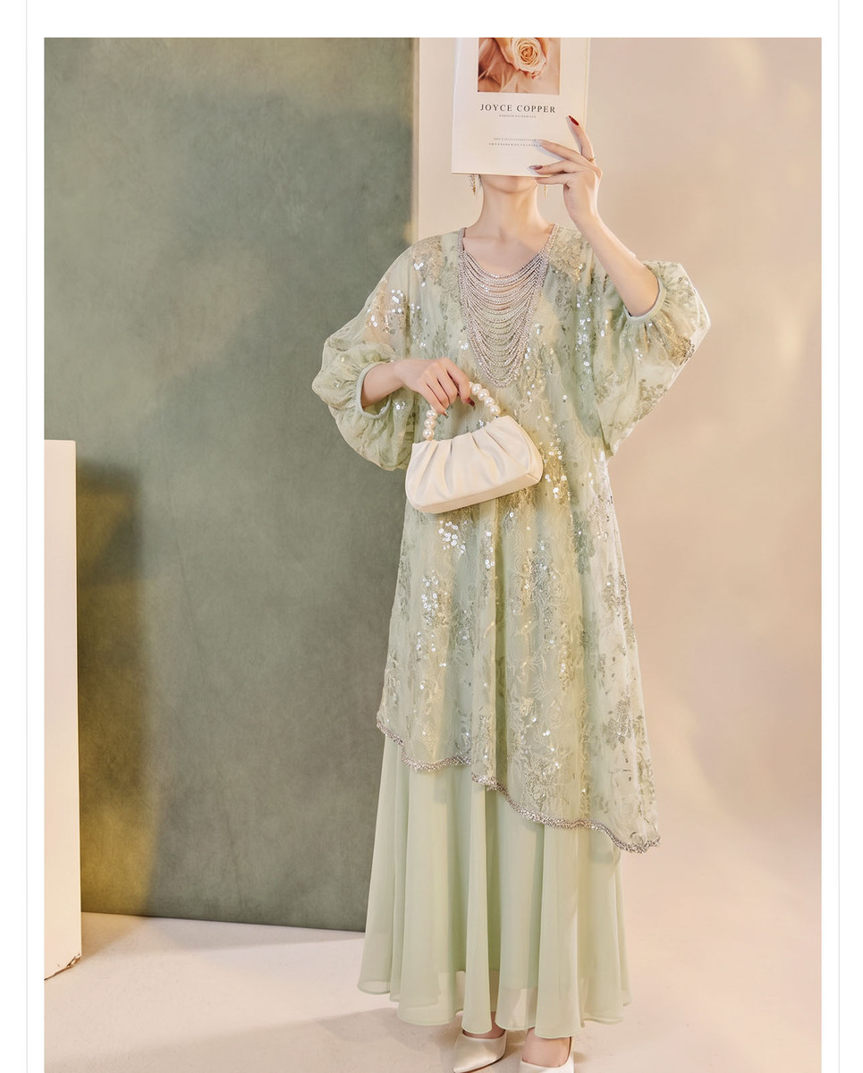 Đầm maxi nữ họa tiết hoa tay bồng cổ tròn phong cách retro — Xanh lục (giao hàng trong 7 ngày), Xanh lục (giao hàng trong ngày)