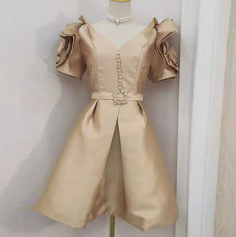 Đầm maxi nữ thắt eo họa tiết hoa 3D tay ngắn cổ V — Đỏ, Rượu vang sủi