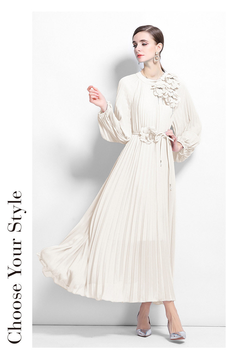 Elegant Womens Dress French Beaded 3D Floral Design Lantern Sleeves Pleated Waist Defined Wholesale Available