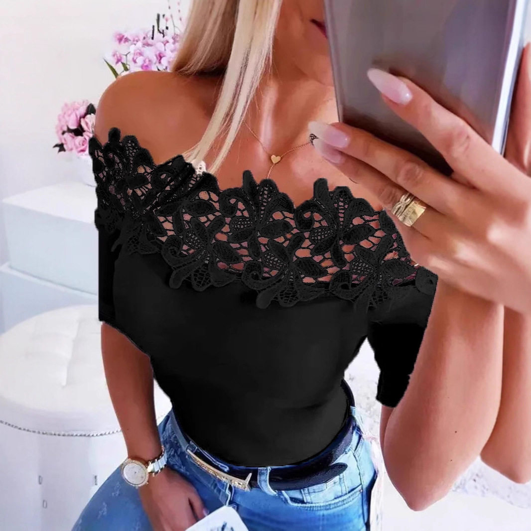 Womens Casual T Shirt Short Sleeve Lace Trim Solid Color Off Shoulder Design Perfect for Everyday Wear Wholesale