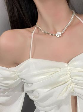 章若楠同款法式珍珠项链女款轻奢小众设计感山茶花锁骨链颈链复古