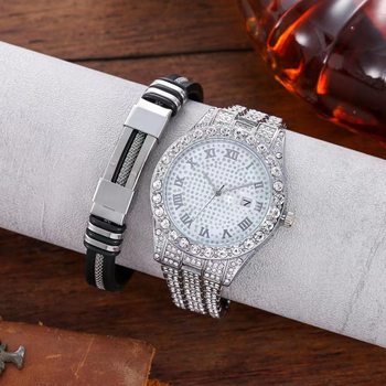 New Hip Hop Style fashion business large dial full diamond steel belt with calendar men's and women's quartz watch fashion bracelet