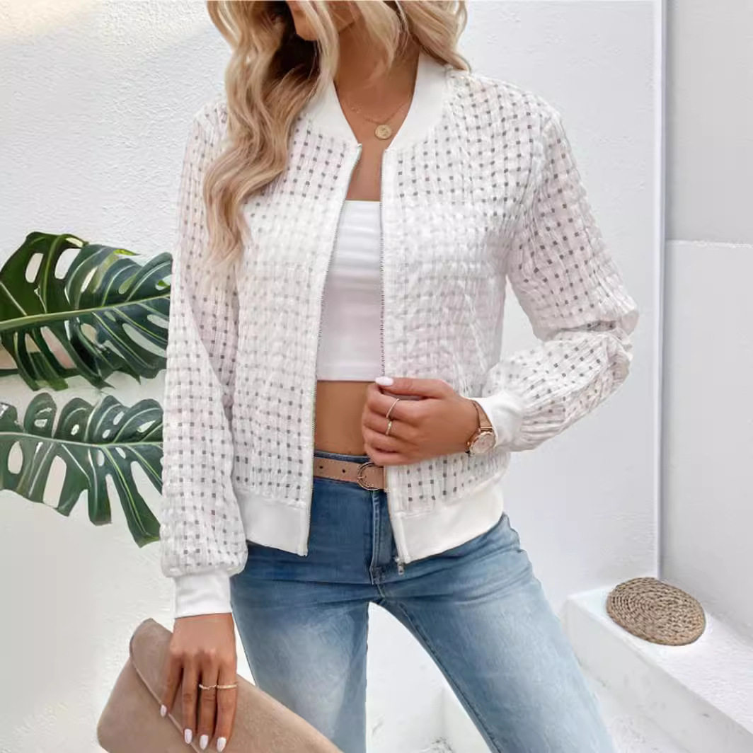 Autumn Long Sleeve Zip Decorated Cardigan Jacket Printed Design Lightweight Fabric Casual Style Wholesale Available