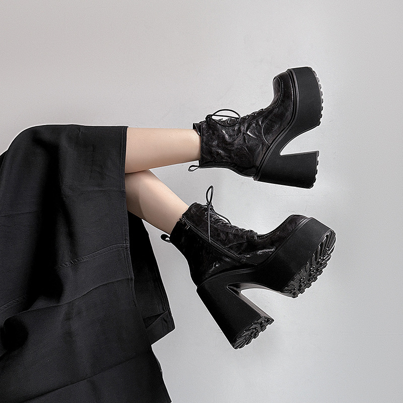 Boot Martin nữ da cừu thắt dây gót cao 11.5cm đế dày — Da đen, da màu nâu, Lớp lót nhung đen, Nhung nâu