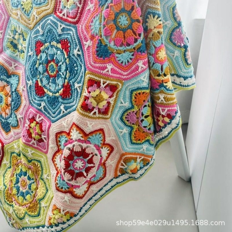 New Handmade Crocheted Persian Blanket, Creative Flower Woven Blanket, Wool Crocheted Thread Blanket Finished Product