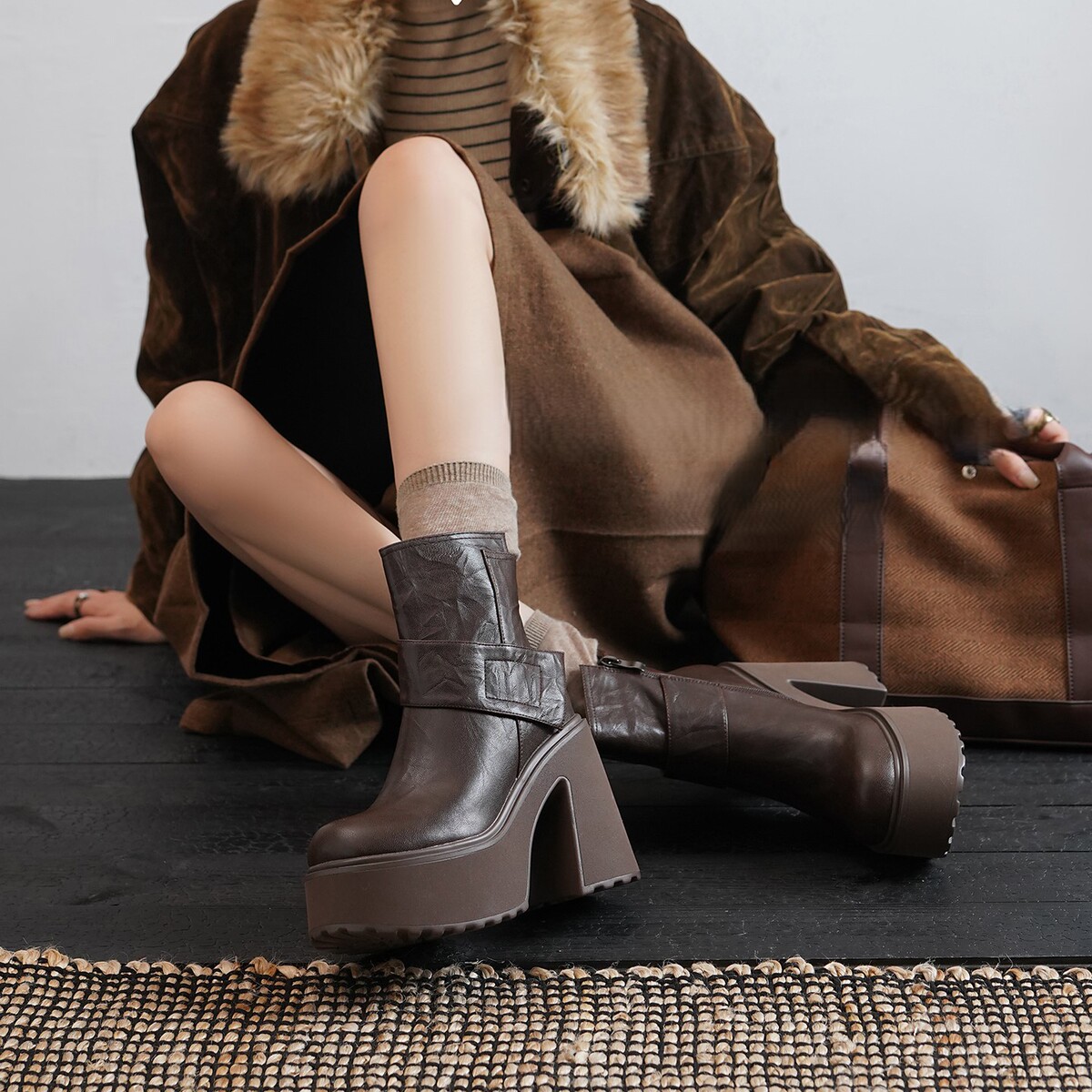 Boot nữ da cừu gót thô đế dày tăng chiều cao khóa kéo bên hông — Lớp lót đơn màu đen, Lớp lót đơn màu nâu, Lót nhung đen, Lót nhung màu nâu