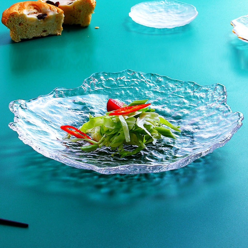 Plate Ins High Aesthetic Value 8inch Irregular Glass Japanese-Style Ice Dew Plate Restaurant Serving Dish High Aesthetic Value