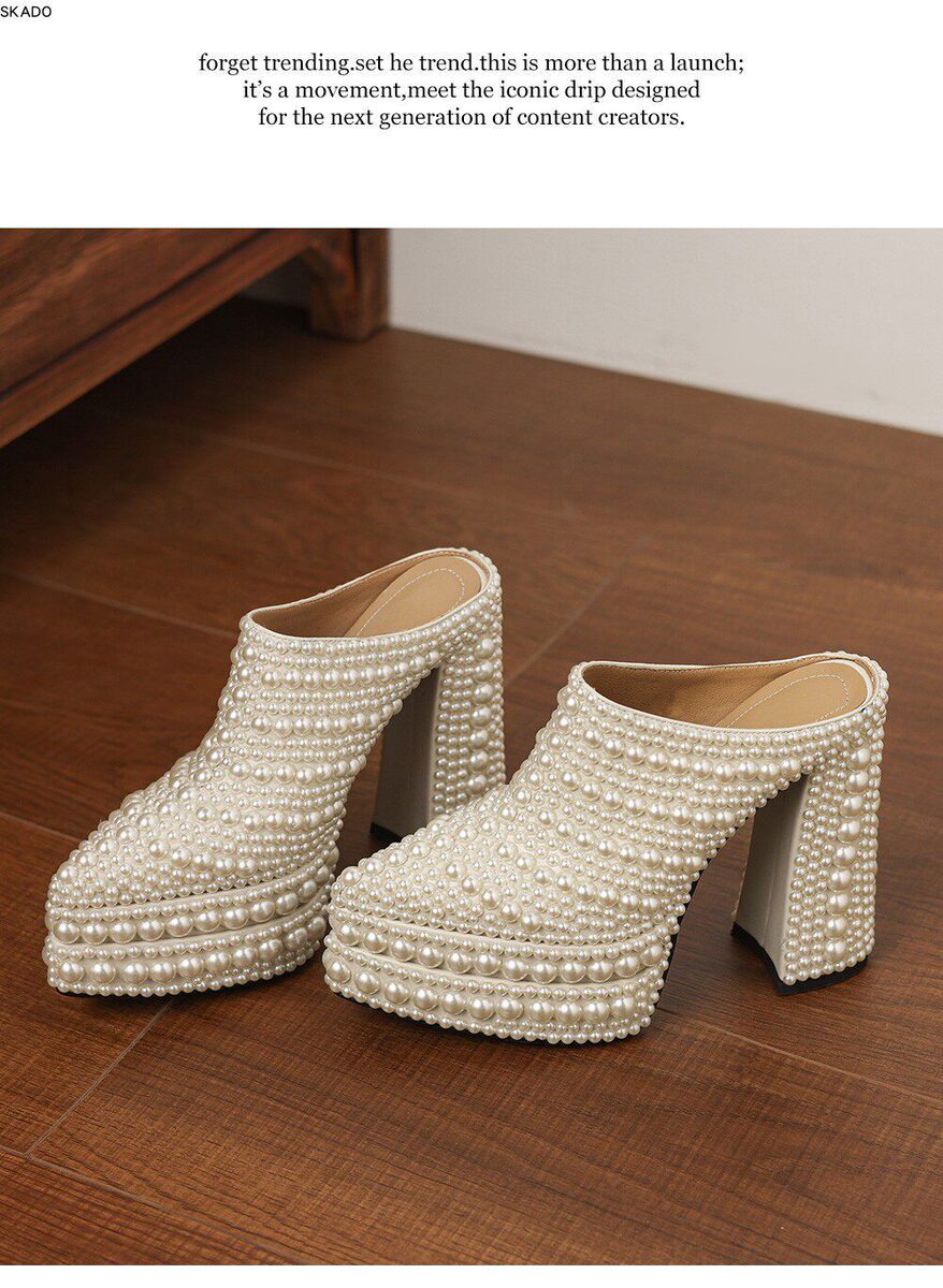 Mule nữ đế dày 13,5cm mũi nhọn đính ngọc trai và đá lấp lánh, giày sandal cao gót sục chân — Màu trắng