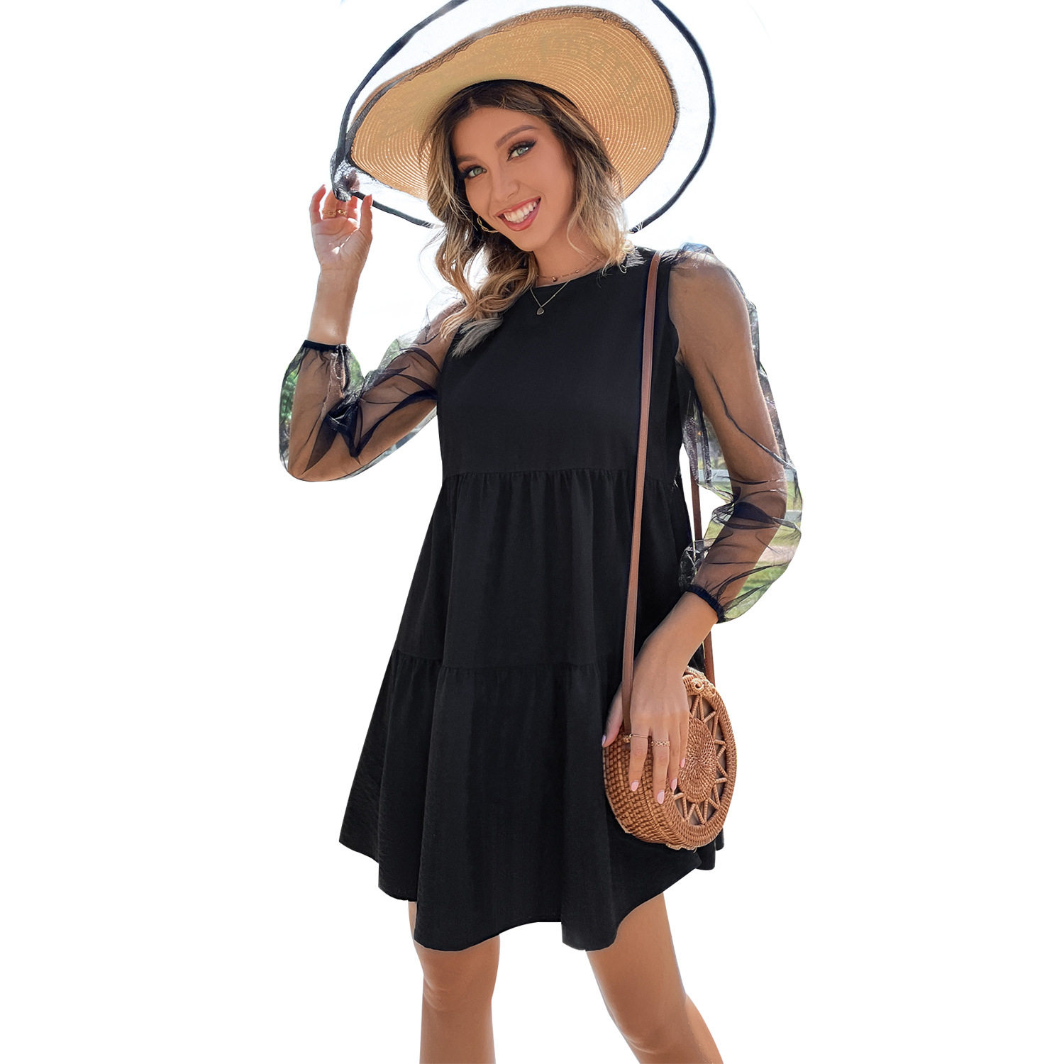 Elegant Hollow Out Long Sleeve Dress Color Block Design Round Neck Trendy Style Perfect for Parties and Events