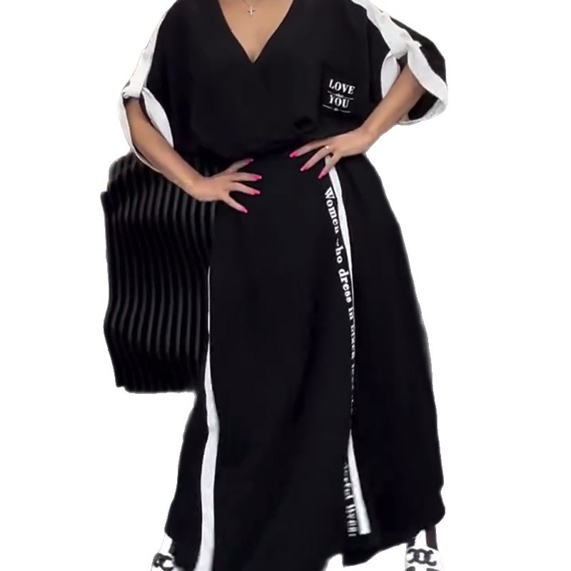 Fashion V Neck Color Block Irregular Short Sleeve Top and Loose Long Pants Set Trendy Casual Wear for Spring Summer