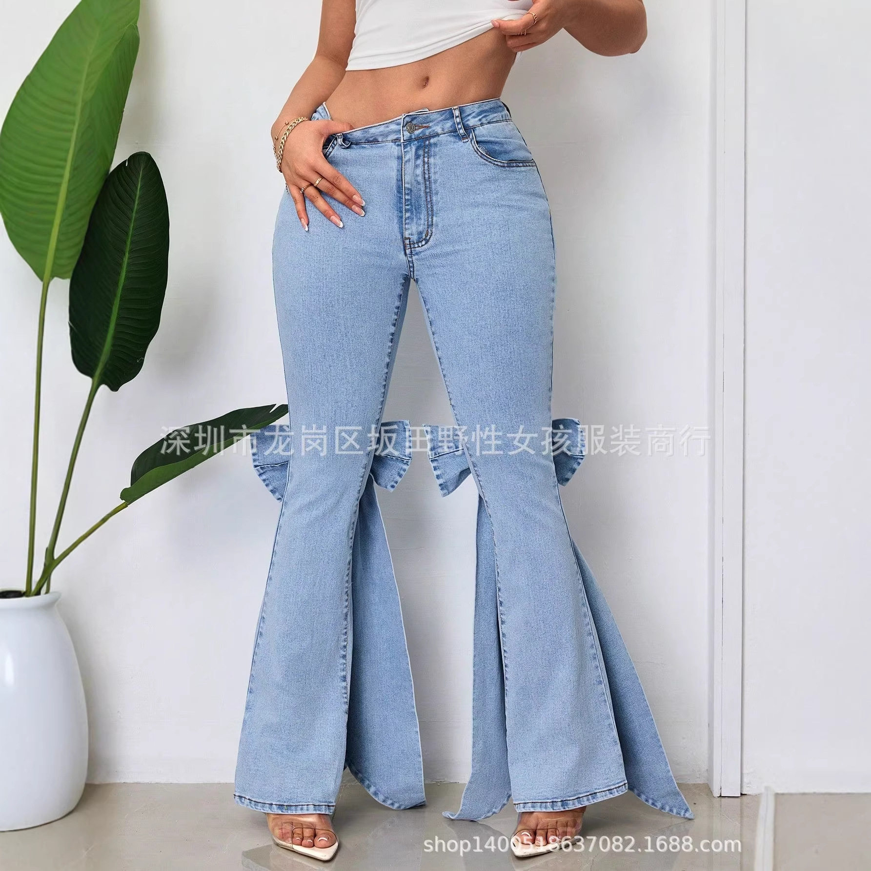High Waisted Flared Jeans Vintage Style 3D Bow Detail Slim Fit Stretch Fabric Casual Wear Wholesale Available