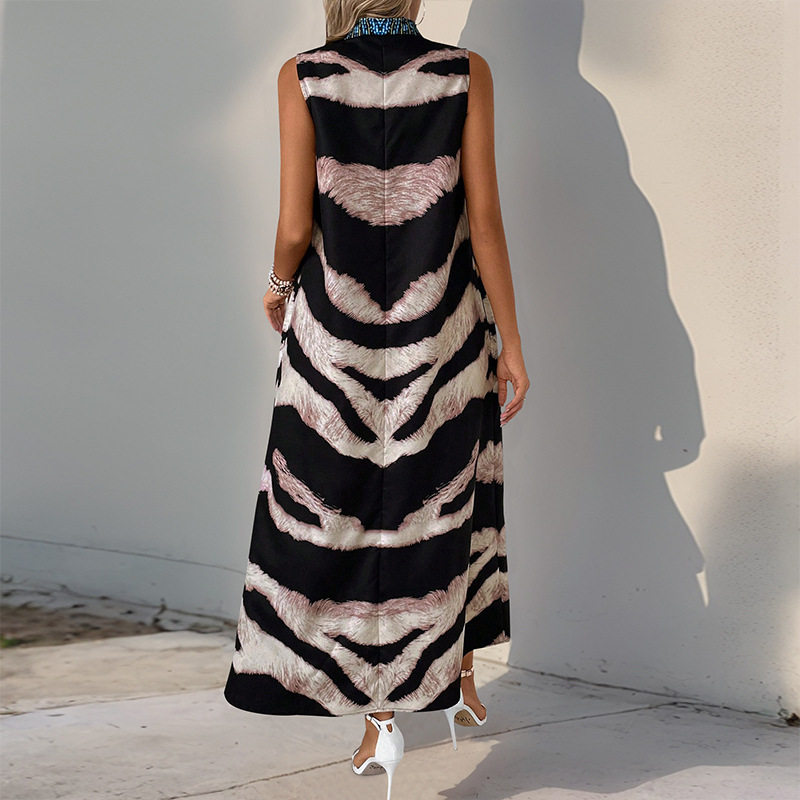 Vintage Style Sleeveless Zebra Print Dress Stand Collar Bohemian Design Elegant Look Perfect for Summer Events