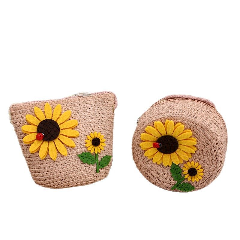 Sunflower Handmade Straw Coin Purse, Kidsren's Cartoon Sunflower Woven Bag, Pastoral Style Shoulder Shell Bag