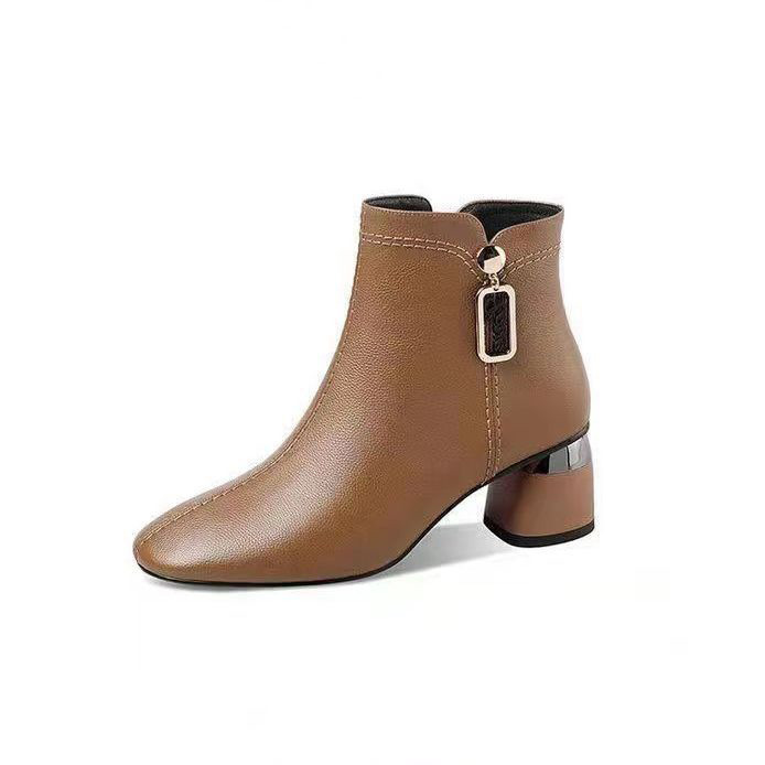 Boot Martin nữ cổ ngắn mũi vuông gót vừa khóa kéo bên — Đường viền đơn màu đen, Lớp lót nhung đen, Lớp lót nhung màu kaki, Màu kaki, một lớp lót.