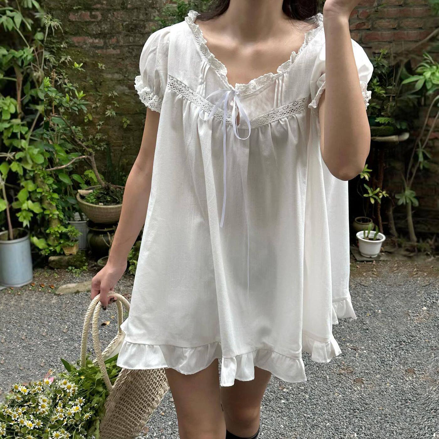 French Style Loose Fit Short Sleeve Dress with Ruffle Trim Elegant Versatile Summer Fashion Wholesale Available